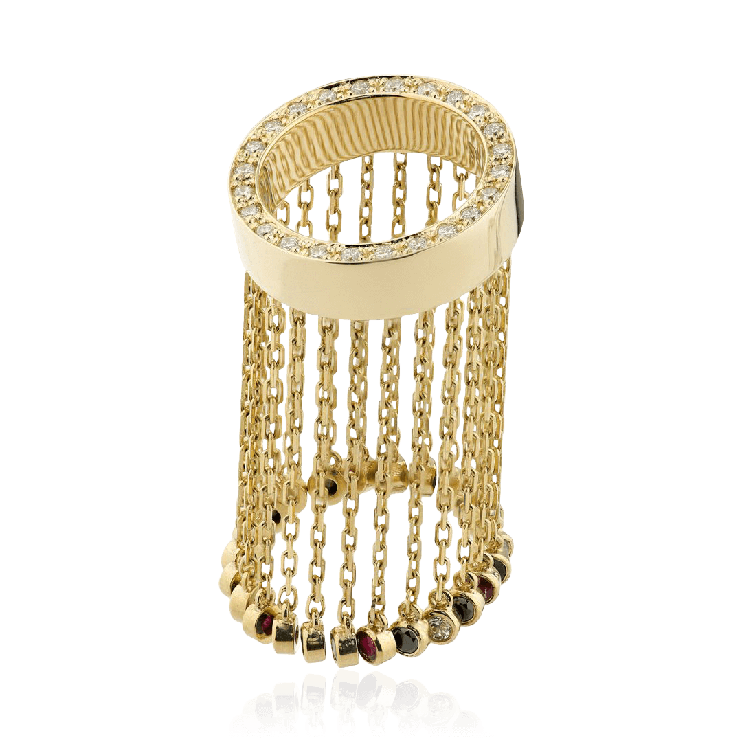 Кольцо с рубином, сапфиром, бриллиантами из желтого золота 585 пробы, фото № 1