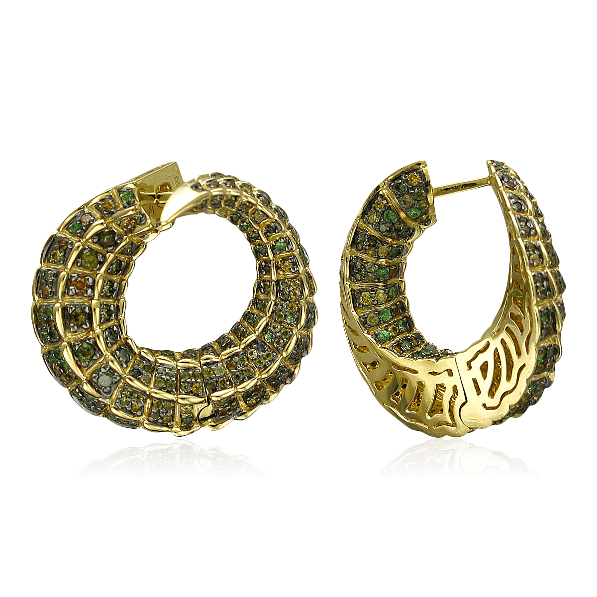 Серьги Крокодилы с бриллиантами, турмалином, тсаворитом из желтого золота 585 пробы, фото № 1