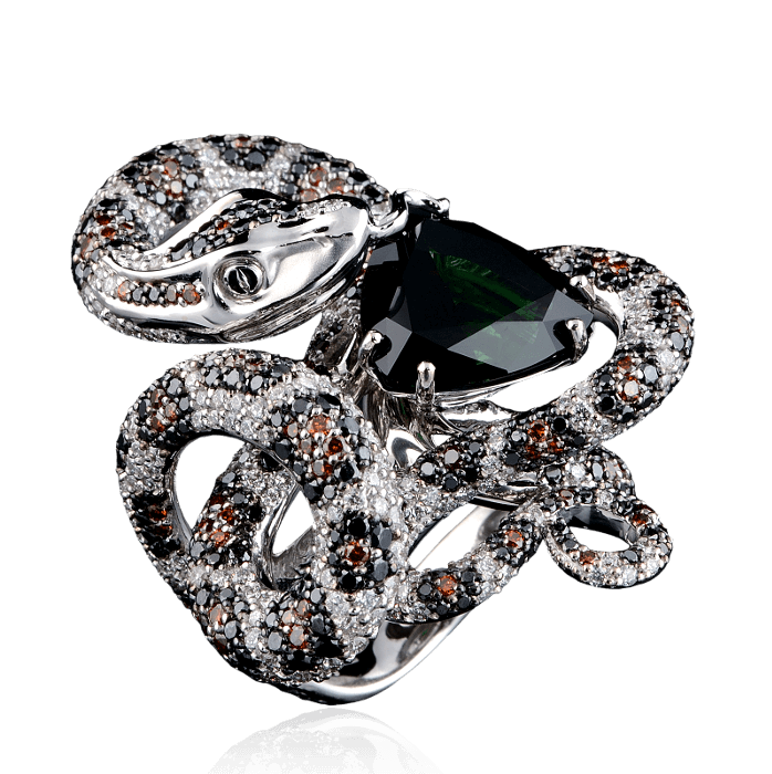 Кольцо Змея с турмалином, бриллиантами из белого золота 750 пробы, фото № 1