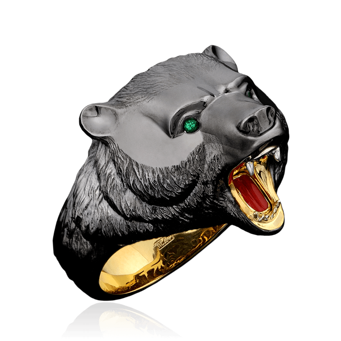Мужское кольцо Медведь с изумрудами и эмалью в черненом и желтом золоте 750 пробы, фото № 2