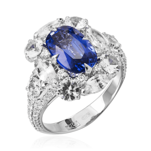 Кольцо с синим и белыми сапфирами, бриллиантами из белого золота 750 пробы, фото № 1