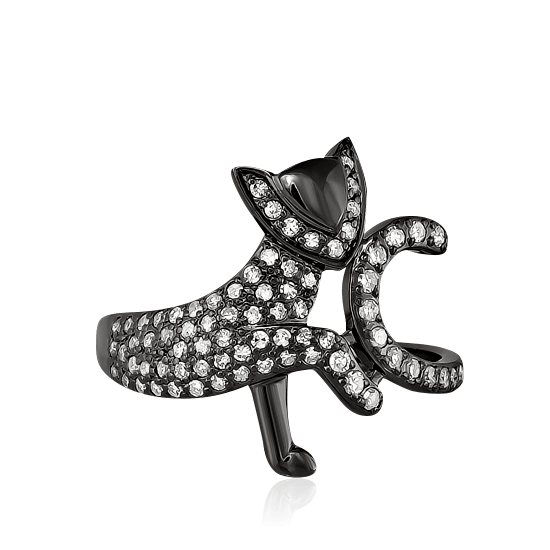 Драгоценное кольцо в форме чёрного котёнка, играющего со своим хвостом, инкрустированное россыпью бриллиантов, фото № 1