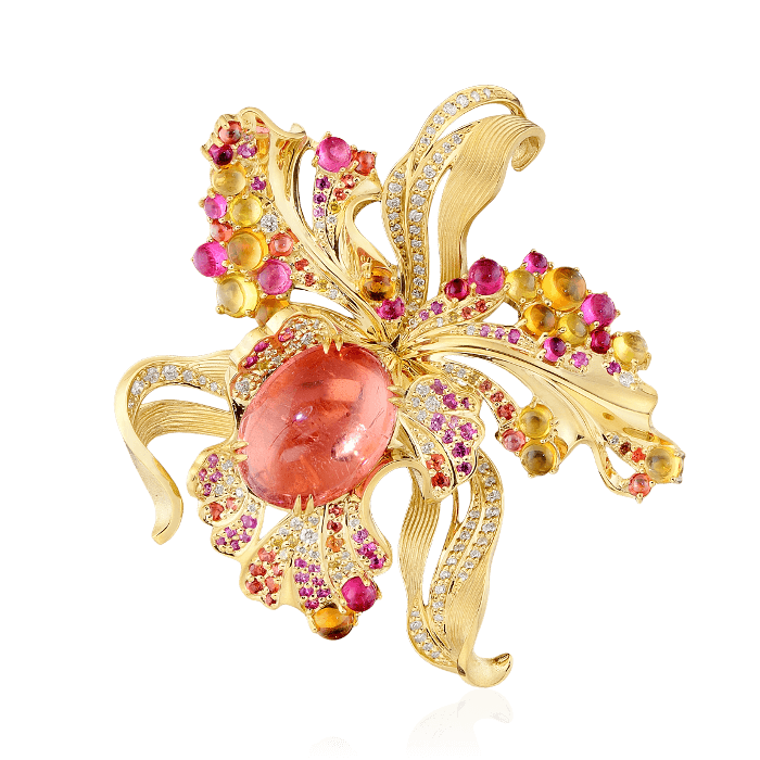 Подвеска-брошь Орхидея с розовым турмалином, цветными камнями и бриллиантами в желтом золоте 750 пробы (арт. 34904)
