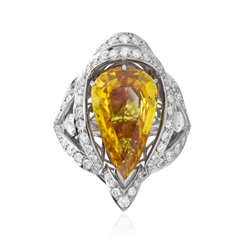 Кольцо с желтым сапфиром, рубином, бриллиантами из белого золота 750 пробы, фото № 2