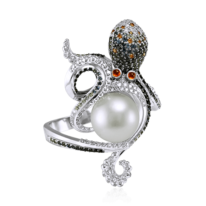 Кольцо Осьминог с жемчугом, сапфирами цветными, бриллиантами, сапфирами из белого золота 585 пробы, фото № 1