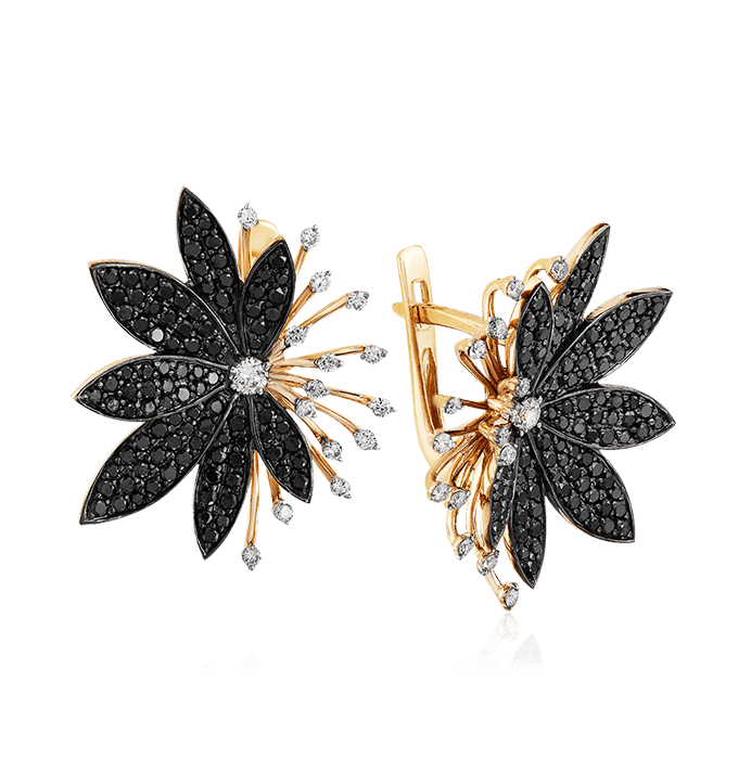Серьги в виде цветов с бриллиантами из желтого золота 585 пробы, фото № 1