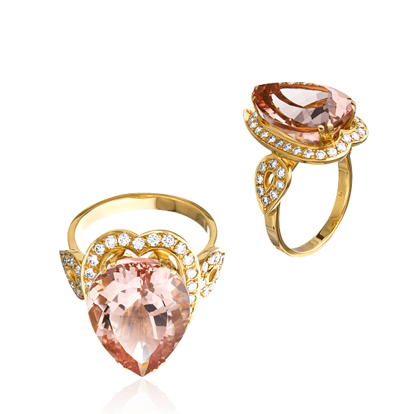 Кольцо с морганитом и бриллиантами из желтого золота 585 пробы, фото № 1