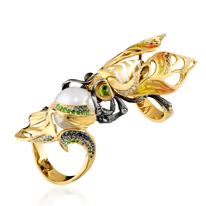 Подвижное кольцо Муха с жемчугом, бриллиантами, турмалином, сапфиром фантазийным из комбинированного золота 750 пробы (арт. 37780)