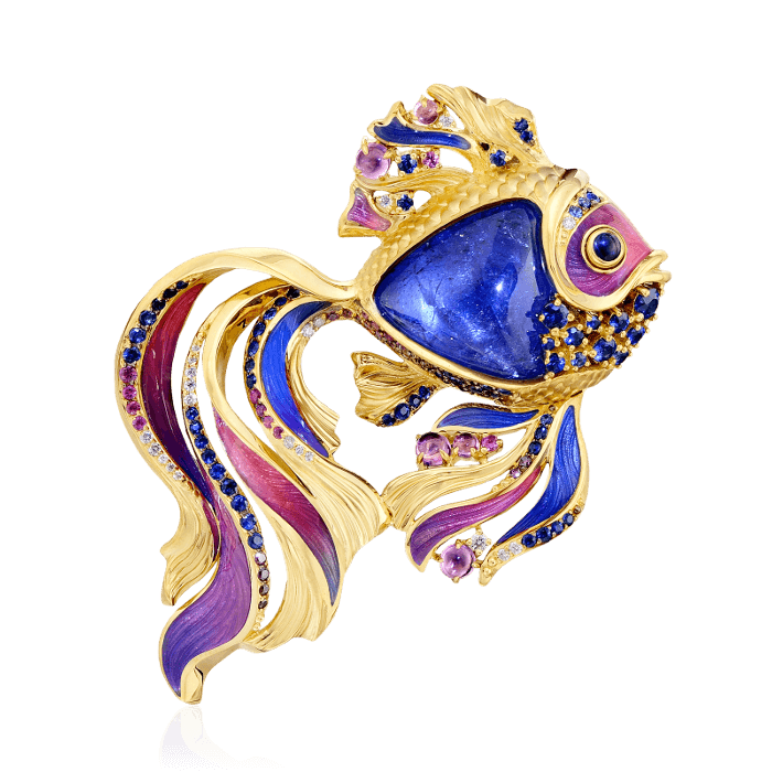 Брошь Золотая рыбка с сапфиром, бриллиантами, аметистом из желтого золота 750 пробы, фото № 1