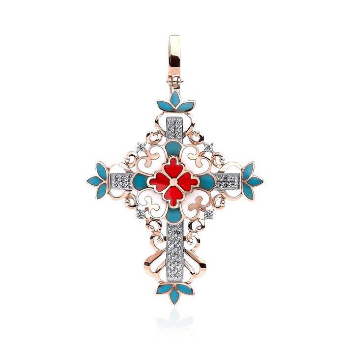 Православный крест из красного и белого золота 585 пробы с горячей эмалью и бриллиантами (арт. 44495)