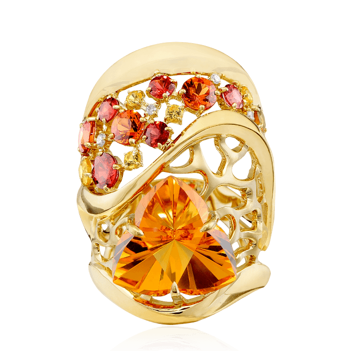 Кольцо с цитрином, бриллиантами, цветными сапфирами, турмалином из желтого золота 585 пробы, фото № 3
