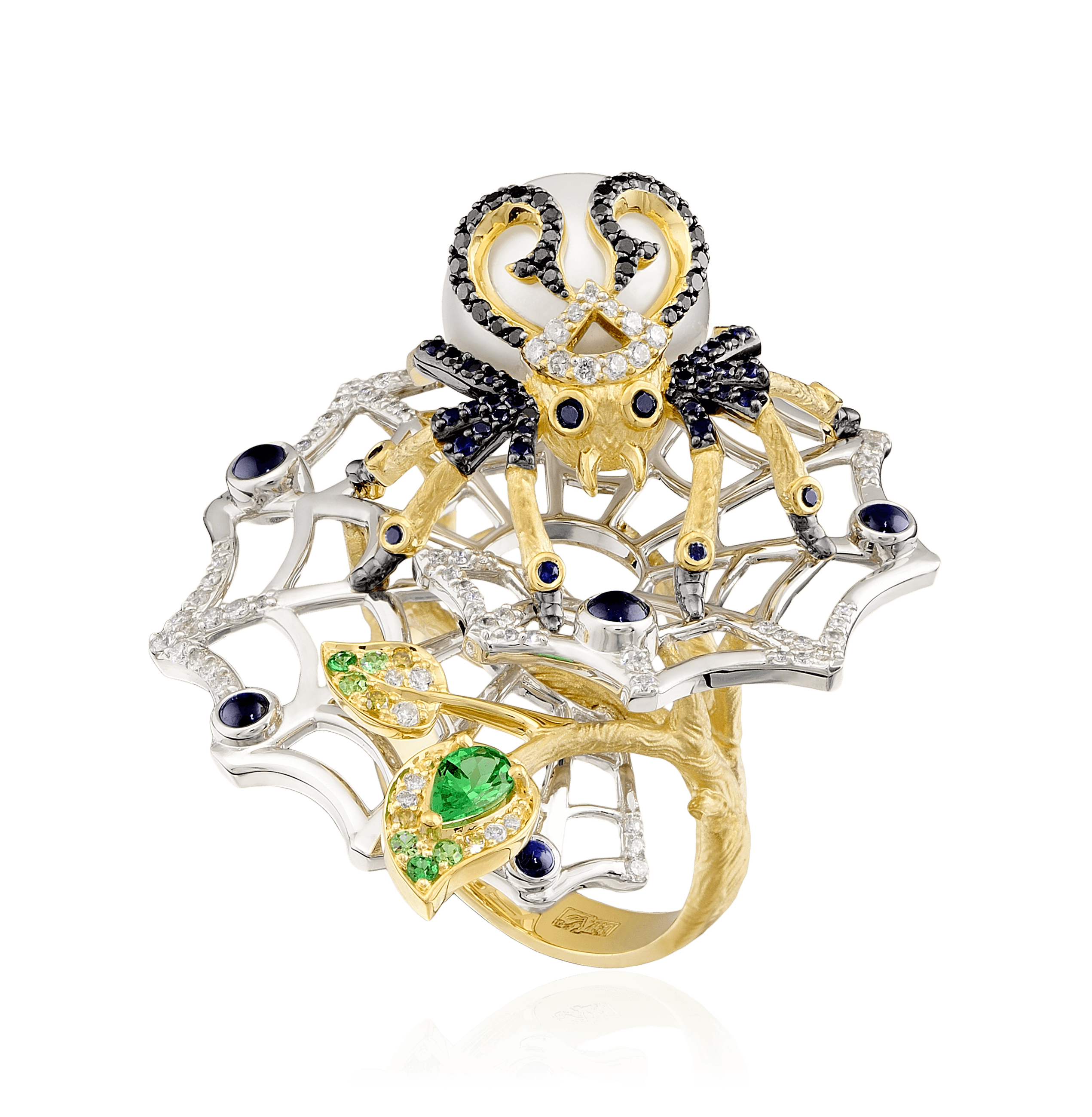 Кольцо Паук на паутине с жемчугом, бриллиантами, сапфиром, демантоидом из комбинированного золота 750 пробы (арт. 38276)