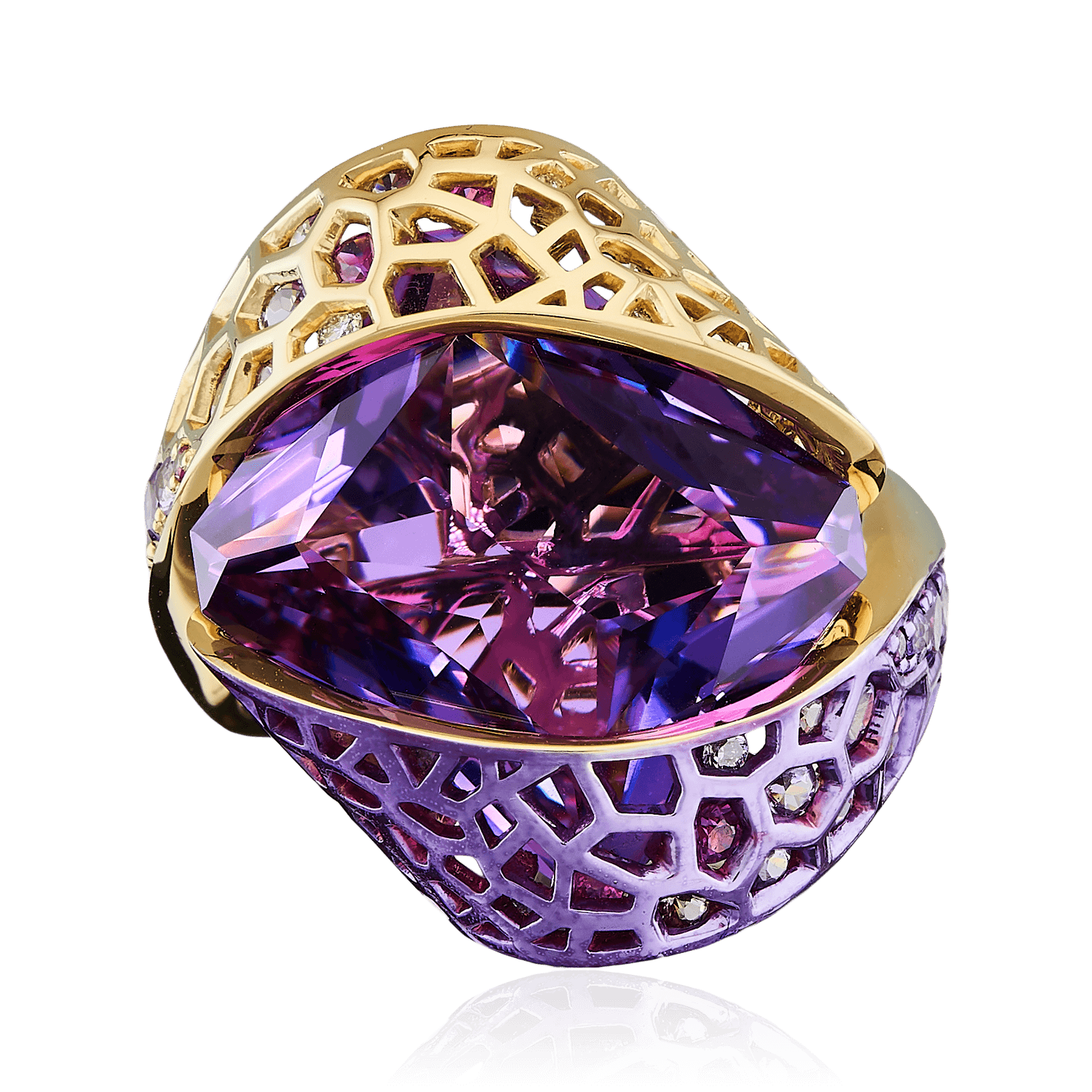 Кольцо с аметистом, цветными сапфирами, бриллиантами из желтого золота 750 пробы, фото № 2