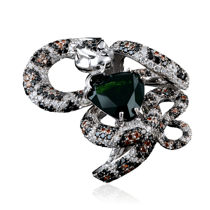 Кольцо Змея с турмалином, бриллиантами из белого золота 750 пробы, фото № 2
