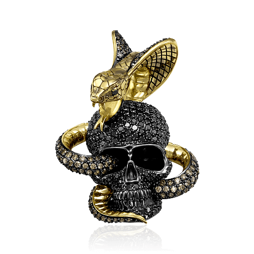 Кулон череп со змеей с бриллиантами из желтого золота 585 пробы, фото № 1