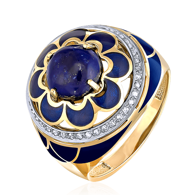 Крупное кольцо из коллекции «Аристократка» с лазуритом, эмалью, бриллиантами из желтого золота 750 пробы (арт. 43531)