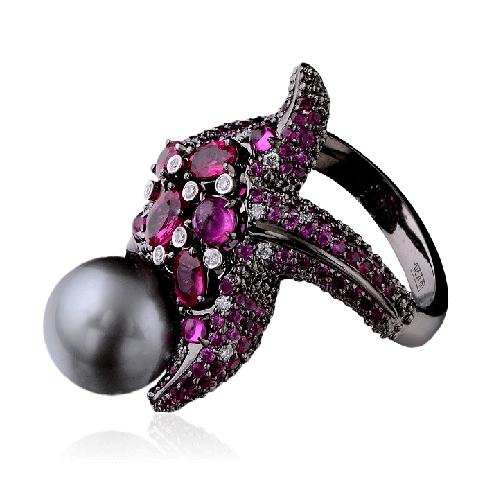 Кольцо Морская звезда с морской жемчужиной, рубинами, розовыми сапфирами и черными бриллиантами в черненом золоте 750 пробы, фото № 2