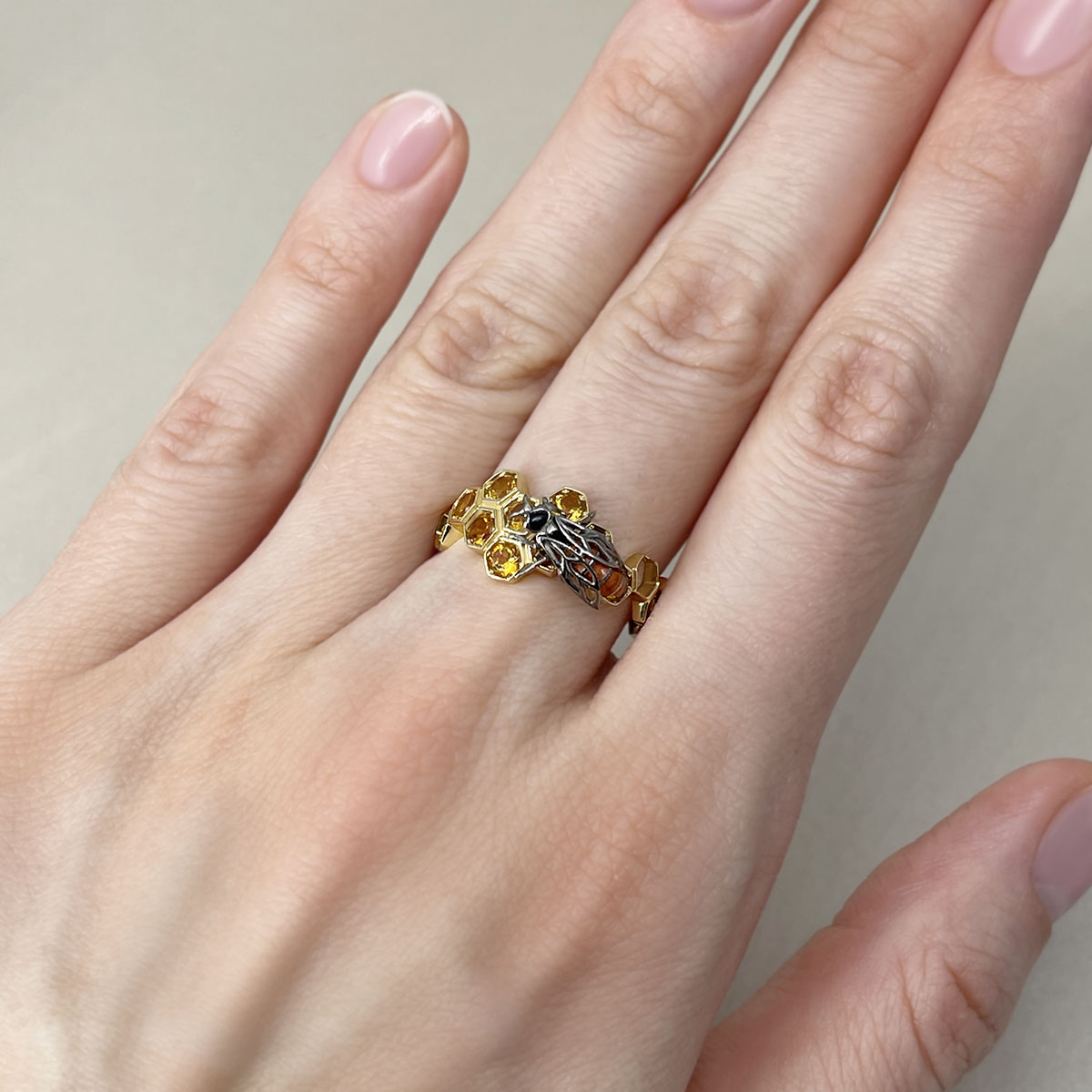 Кольцо Пчела с цитринами из комбинированного золота 585 пробы, фото № 7