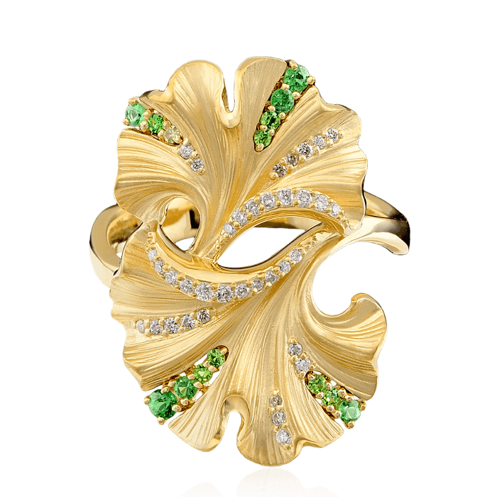 Кольцо с тсаворитом, демантоидом, бриллиантами из желтого золота 750 пробы, фото № 2