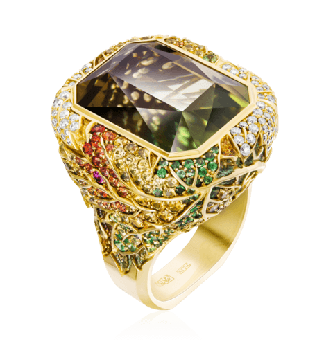 Кольцо с турмалином, рубином, сапфиром, бриллиантами, тсаворитом из желтого золота 750 пробы, фото № 1