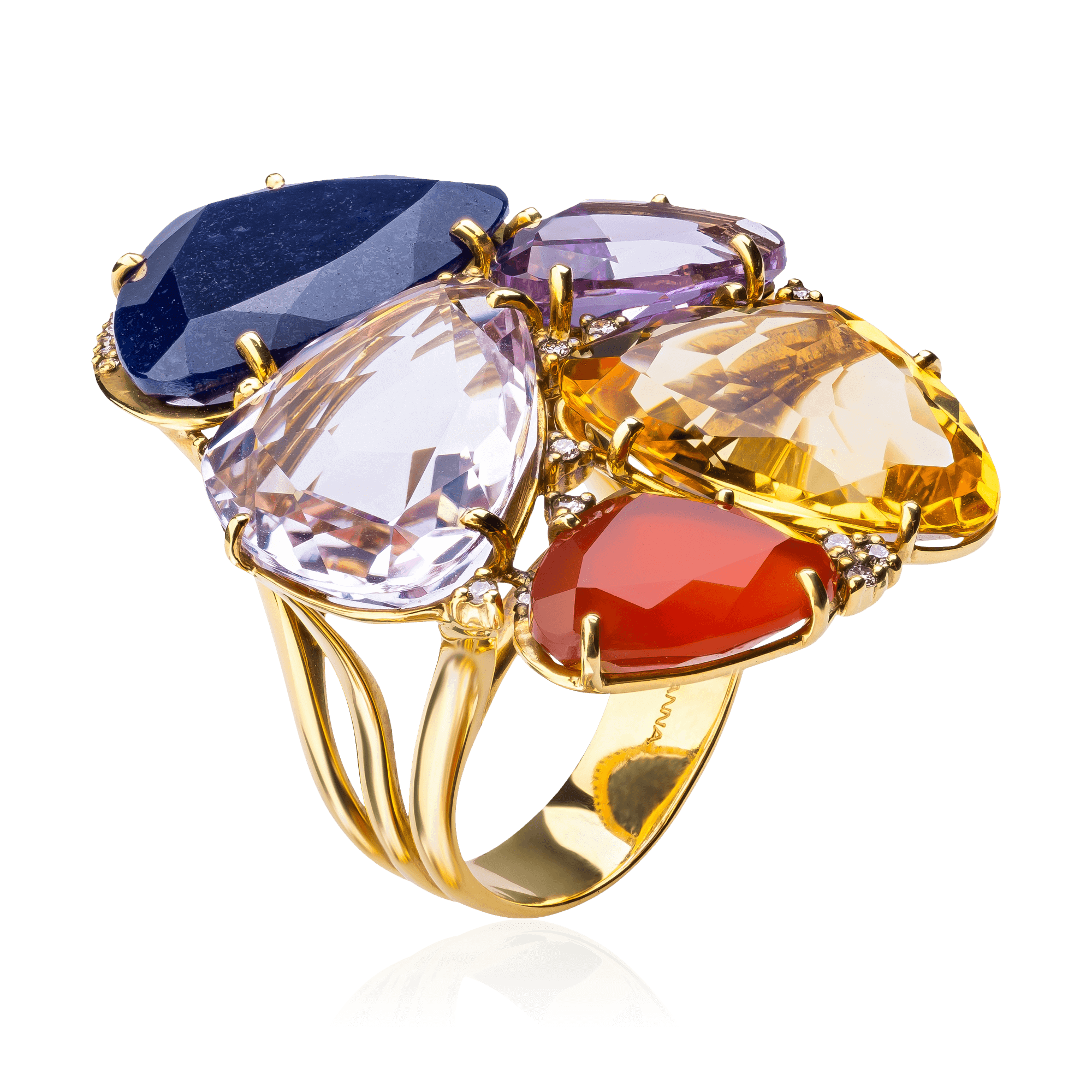 Кольцо VIANNA (Brasil) с аметистом, кварцем, корнелианом, цитрином, бриллиантами из желтого золота 750 пробы, фото № 1