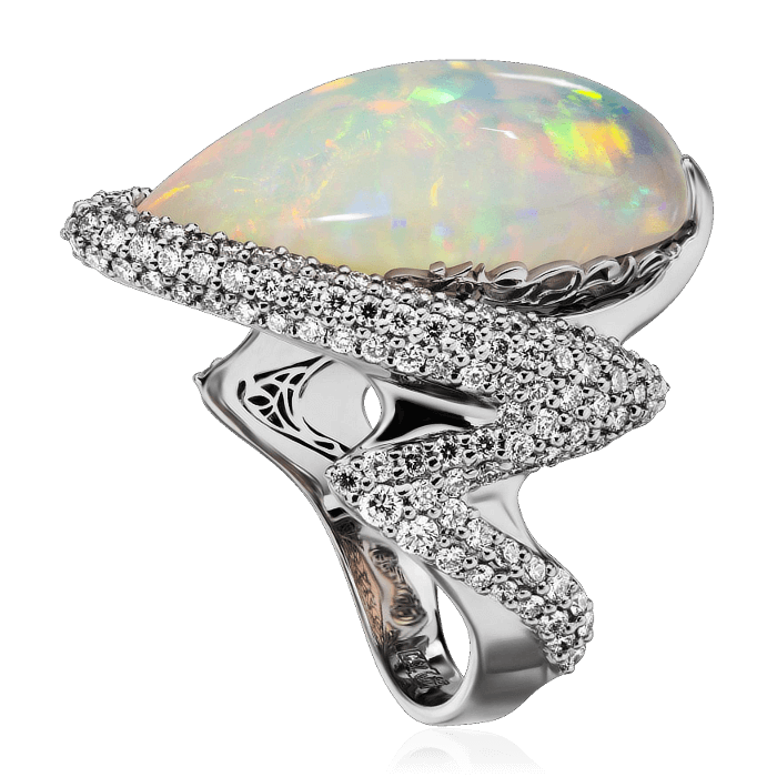 Кольцо с опалом, бриллиантами из белого золота 750 пробы, фото № 3