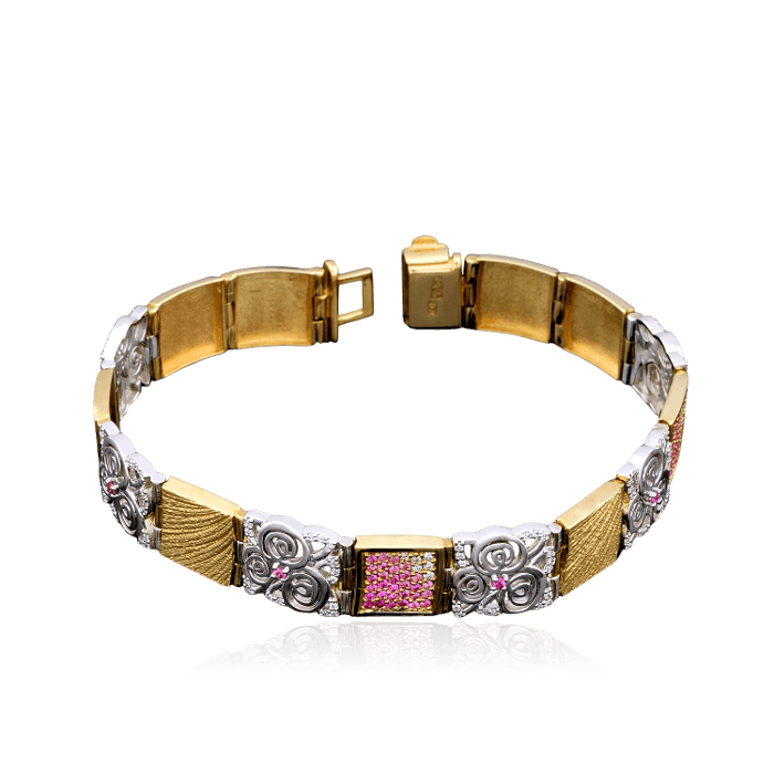 Браслет с цветными камнями и бриллиантами в комбинированном золоте 750 пробы, фото № 1