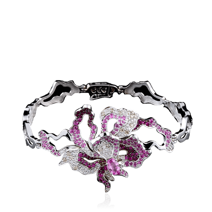 Браслет цветы с бриллиантами, розовыми сапфирами, рубинами из белого золота 585 пробы, фото № 1