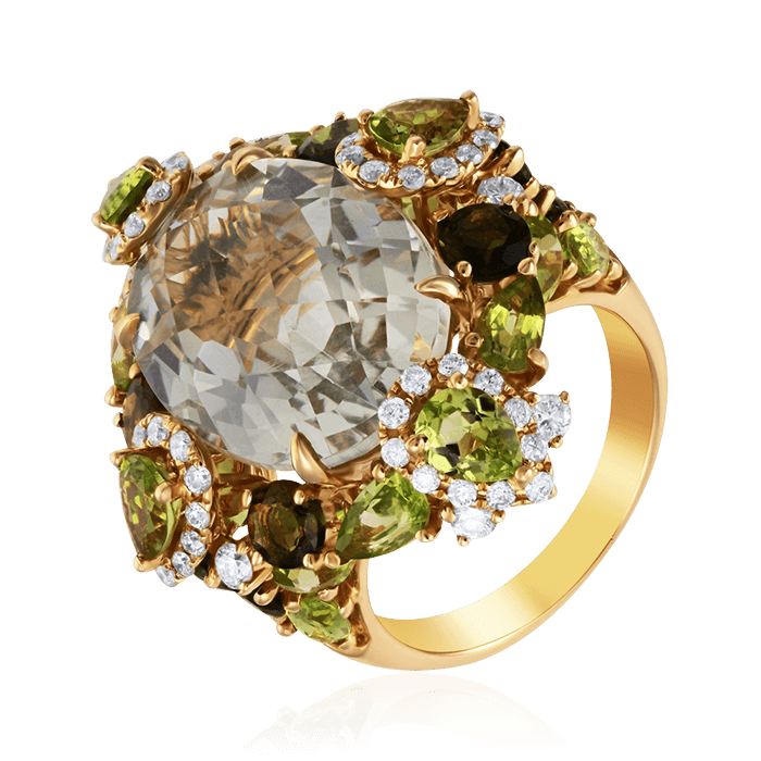 Кольцо с бриллиантами, аметистом, турмалином, перидотом из желтого золота 585 пробы, фото № 1