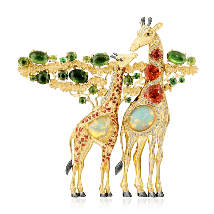 Брошь Жирафы с опалом, турмалином, демантоидом, тсаворитом, бриллиантами, цветными сапфирами из желтого золота 750 пробы, фото № 1