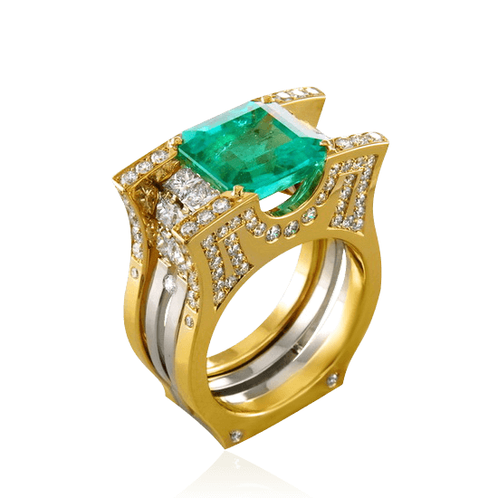 Мужское кольцо с изумрудом, бриллиантами из желтого золота 750 пробы (арт. 39315)
