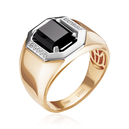 Кольцо с бриллиантами, ониксом из комбинированного золота 585 пробы, фото № 1