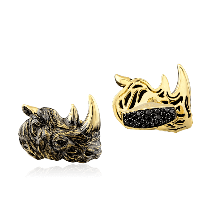 Запонки носороги с ониксом, бриллиантами из желтого золота 750 пробы, фото № 1