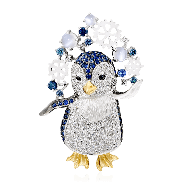 Кулон Пингвин с бриллиантами и цветными камнями в комбинированном золоте 750 пробы, фото № 1
