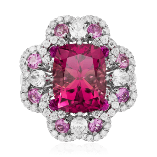 Кольцо с турмалином, розовыми сапфирами, бриллиантами из белого золота 750 пробы, фото № 2