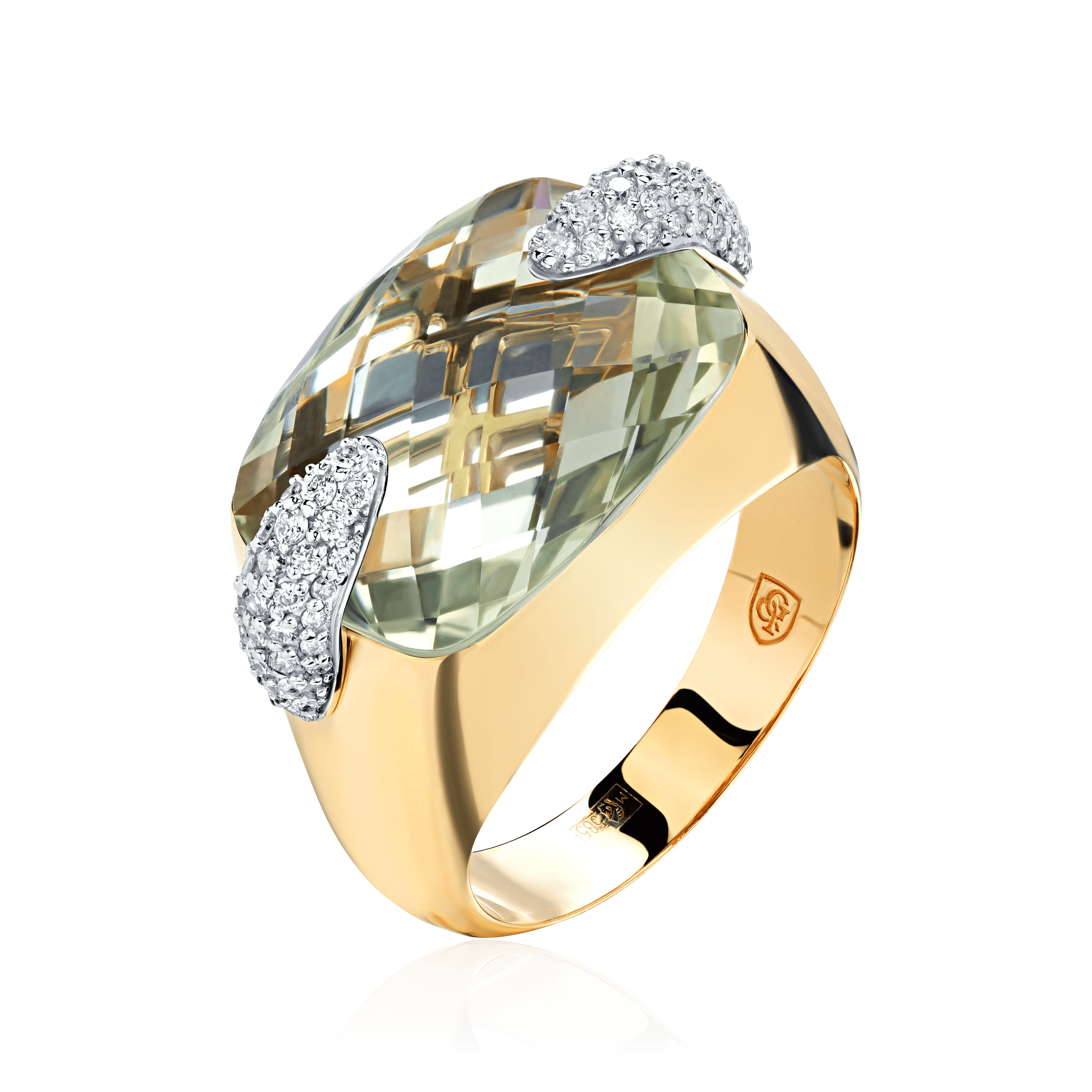 Кольцо с бриллиантами, празиолитом из комбинированного золота 585 пробы (арт. 98562)