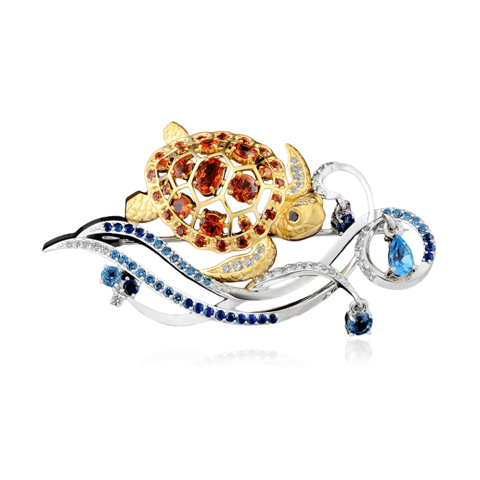 Брошь Черепаха с цветными камнями и бриллиантами в комбинированном золоте 750 пробы, фото № 1