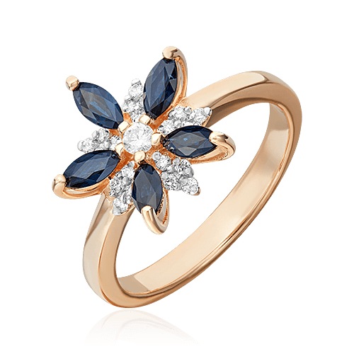 Кольцо в виде цветка с сапфиром, бриллиантами из красного золота 585 пробы, фото № 1