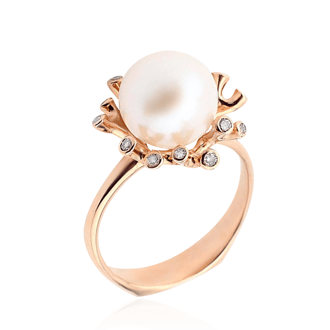 Кольцо с жемчугом, бриллиантами из розового золота 585 пробы, фото № 1