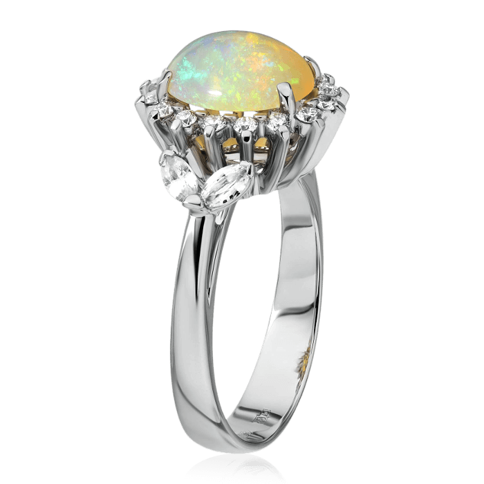 Кольцо с опалом, белыми сапфирами, бриллиантами из белого золота 750 пробы, фото № 3