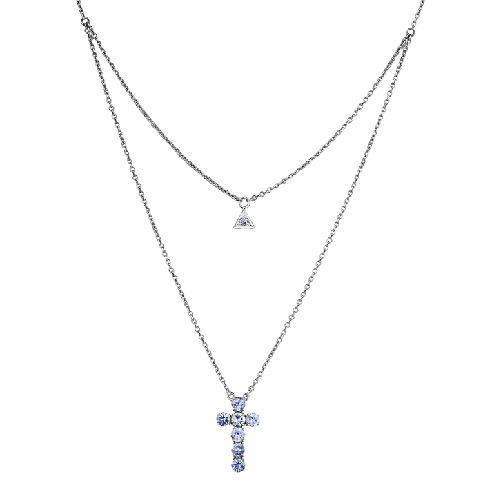 Крест на цепочке с танзанитом, бриллиантами из белого золота 585 пробы, фото № 1