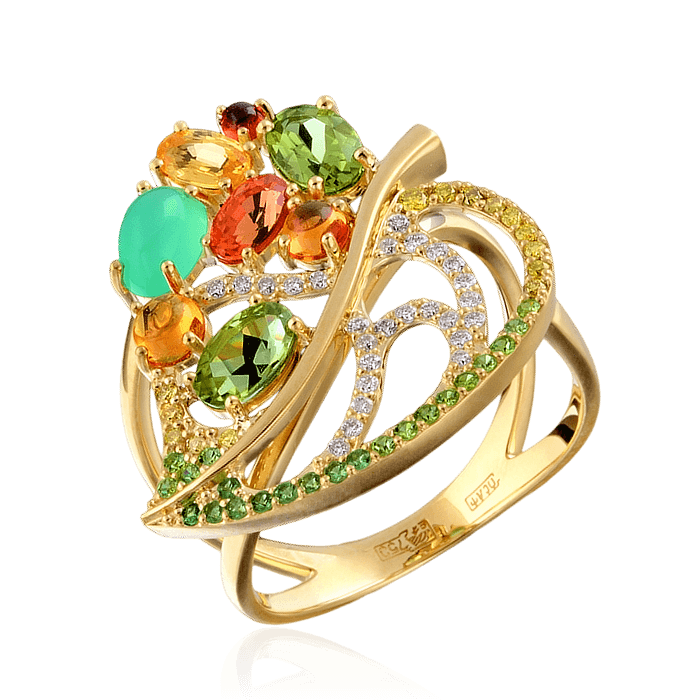 Кольцо с бриллиантами и цветными камнями из желтого золота 750 пробы, фото № 1