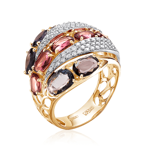 Кольцо с цветными сапфирами, бриллиантами из комбинированного золота 585 пробы (арт. 48265)
