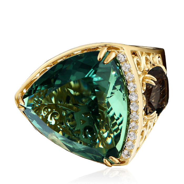 Кольцо с кварцем, аметистом, цветными сапфирами из желтого золота 585 пробы, фото № 2