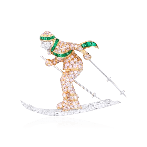 Брошь Лыжник с бриллиантами, изумрудом из комбинированного золота 750 пробы, фото № 1
