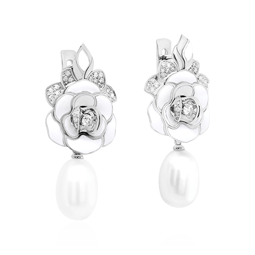 Серьги розы с жемчугом, бриллиантами из белого золота 585 пробы, фото № 1