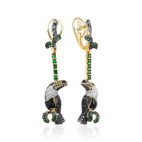 Серьги Попугаи с цветными сапфирами, бриллиантами, эмалью, тсаворитом из желтого золота 585 пробы, фото № 1