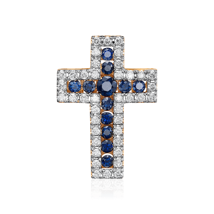 Крестик с сапфиром, бриллиантами из красного золота 585 пробы, фото № 1