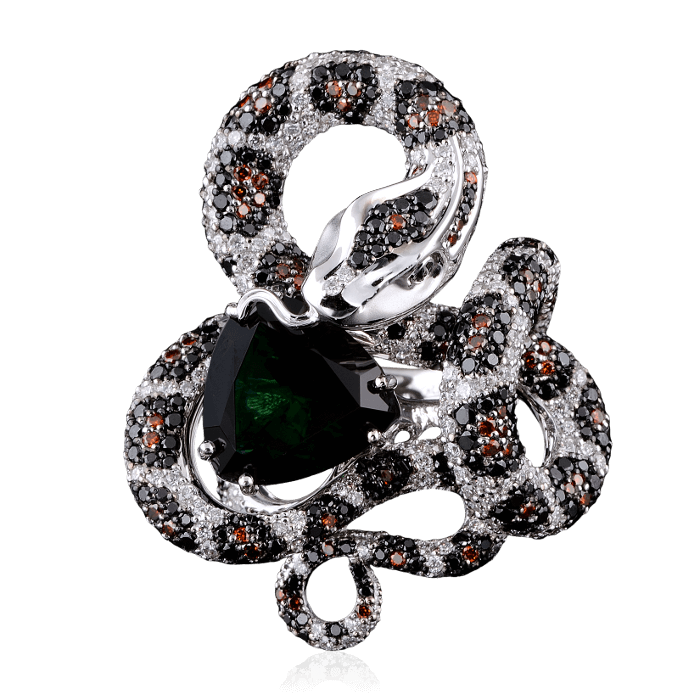 Кольцо Змея с турмалином, бриллиантами из белого золота 750 пробы, фото № 3