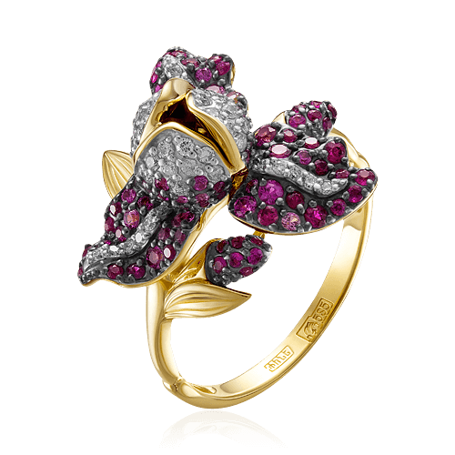 Кольцо с рубином, розовыми сапфирами, бриллиантами из желтого золота 585 пробы (арт. 66265)
